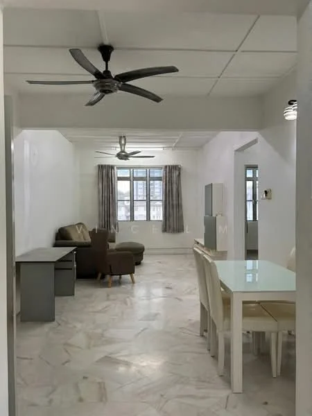Living features: marble tile flooring, white painted walls, 5-blade ceiling fan, sofa in brown fabric, wooden coffee table, dining table with white chairs, large windows with sheer curtains, desk with grey finish; style: modern; view: city.