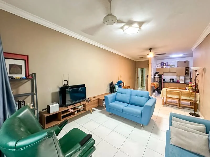 Living features: light blue fabric sofa, green leather armchair, wooden TV console, wall-mounted TV, white tiled flooring, recessed ceiling lights, ceiling fan, decorative wall art, dining table with chairs, open kitchen area visible; style: modern.