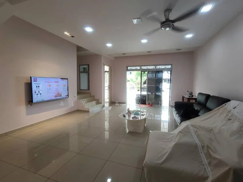 Living features: white painted walls, glossy ceramic tile flooring, 5-blade ceiling fan with light, wall-mounted TV, black leather sofa, glass coffee table, large sliding glass door, natural light from windows, staircase visible in background, decorative wall panel, recessed ceiling lights; style: modern; view: garden.