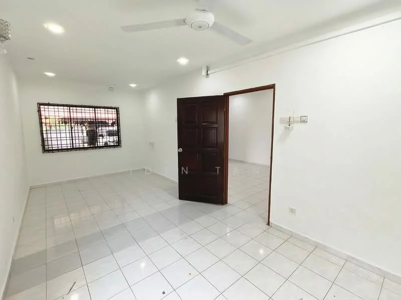 Room features: white painted walls, white ceiling, recessed downlights, 5-blade ceiling fan, tiled flooring, window with security grille, wooden door, door frame, light switch, power outlet; style: modern.