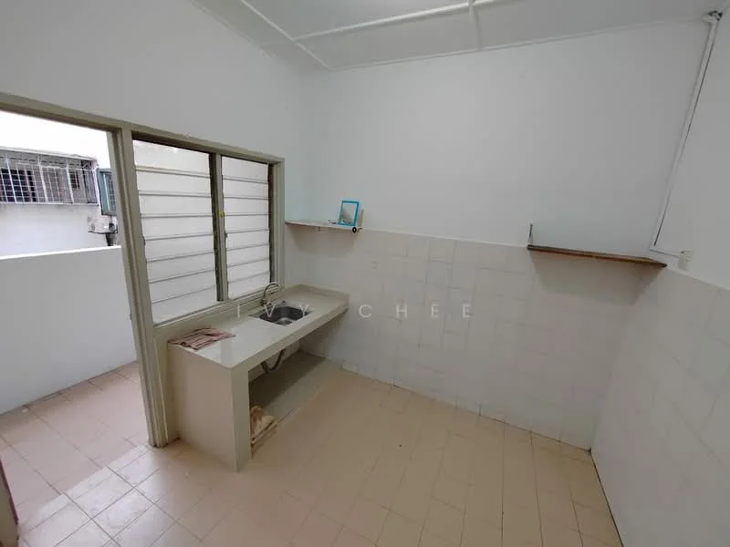 Laundry features: single-bowl sink, white tiled backsplash, light beige tiled flooring, window with horizontal slats, shelf above sink, plain white walls, exposed plumbing, natural light from window; style: minimalist.