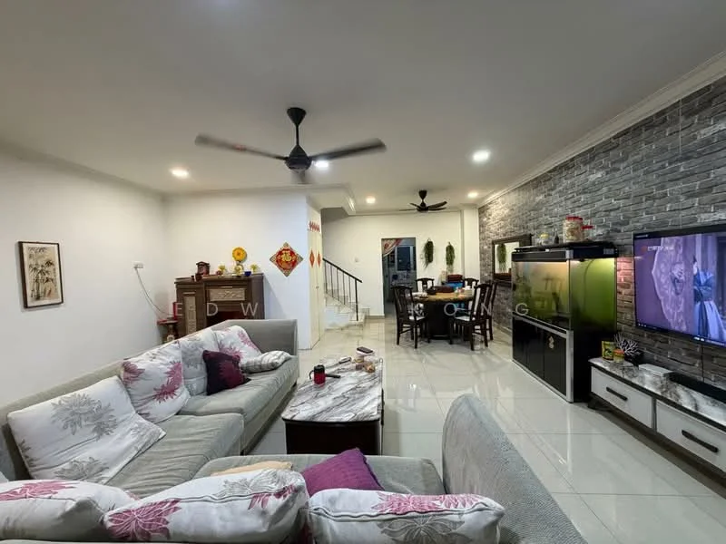 Living features: 3-seater fabric sofa in light grey, 2-seater fabric sofa with floral cushions, marble coffee table, wall-mounted TV, TV console with storage, decorative wall with stone cladding, ceiling fan with light, recessed downlights, white painted walls, glossy tile flooring, decorative artwork on walls, open-plan layout to dining area; style: modern.
