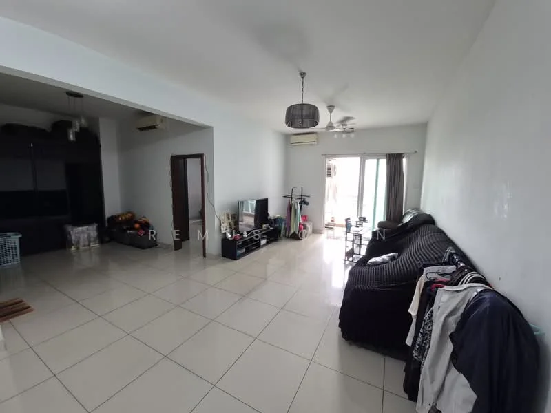 Living features: white painted walls, glossy tile flooring, 5-blade ceiling fan with light, wall-mounted TV, black TV console, black fabric sofa, sliding glass door, curtains, laundry basket, decorative ceiling light; style: modern; view: city.
