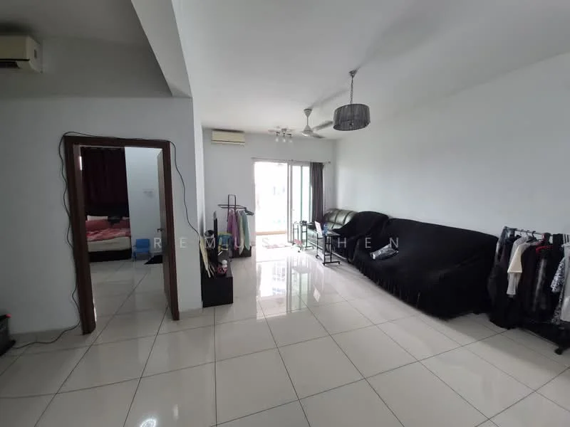 Living features: white painted walls, glossy tile flooring, 5-blade ceiling fan with light, sofa in black fabric, coffee table, floor-to-ceiling windows, sliding glass door, curtains in dark color, decorative light fixture, clothing rack, air conditioning unit; style: modern. Room features: bed with bedding, dark curtains, doorway leading to another room.
