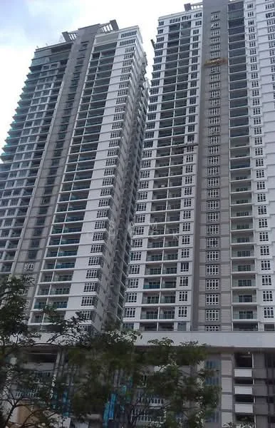 Exterior type: high-rise condominium; features: glass curtain wall, white painted facade, balconies with glass railings, multiple storeys, modern architectural design, surrounded by greenery; style: modern.