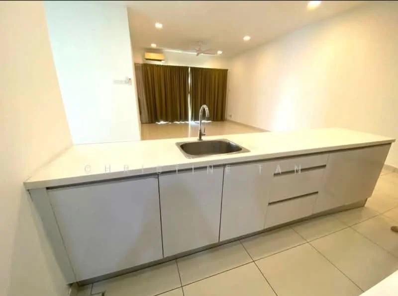 Kitchen features: single-bowl stainless-steel sink, chrome pull-down faucet, white laminate cabinetry, flat-panel cabinet doors, white quartz countertop, tile flooring, recessed downlights, open layout to living area, floor-to-ceiling windows with curtains; style: modern.
