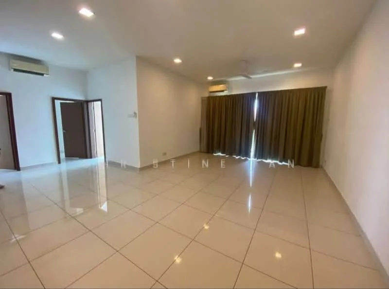 Living features: glossy ceramic tile flooring, white painted walls, recessed downlights, 5-blade ceiling fan with light, floor-to-ceiling windows, brown curtains, air conditioning unit, double-door entry, open layout; style: modern.