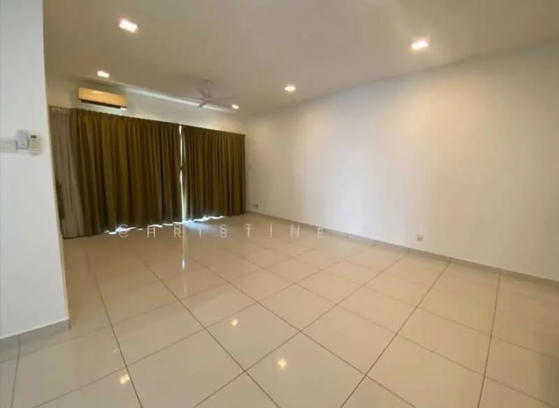 Living features: white painted walls, glossy ceramic tile flooring, recessed downlights, 5-blade ceiling fan, large window with sheer curtains, curtains in beige, air conditioning unit on wall; style: modern.