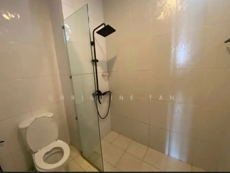 Bathroom features: glass shower enclosure, rain shower head, handheld shower, wall-mounted faucet, white toilet, white wall tiles, beige floor tiles, shelf in shower area; style: modern.