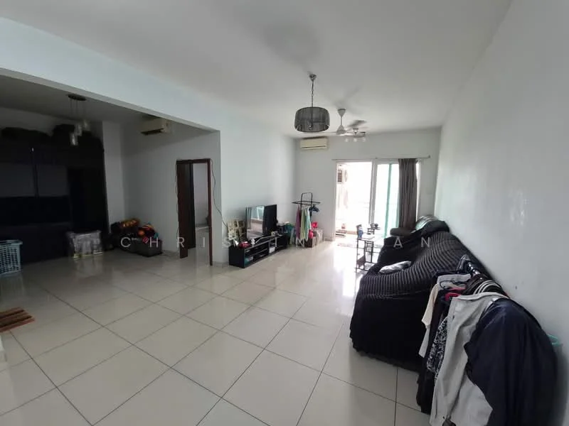 Living features: white painted walls, glossy tile flooring, 5-blade ceiling fan with light, wall-mounted TV, black fabric sofa, coffee table, sliding glass door, floor-to-ceiling windows, curtains, decorative items on shelves, laundry basket; style: modern.