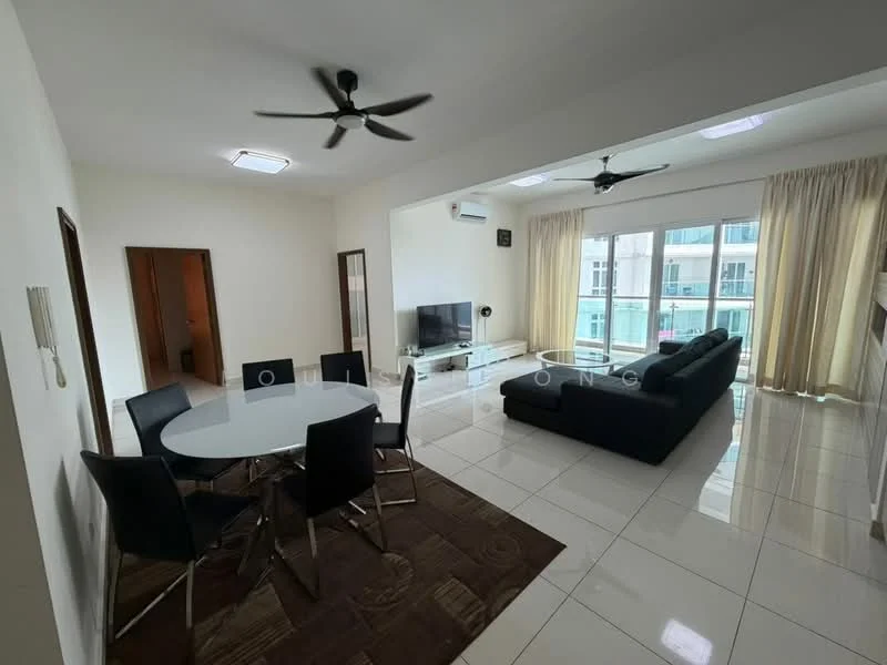 Living features: 3-seater fabric sofa in black, coffee table, wall-mounted TV, floor-to-ceiling windows, sheer curtains, ceiling fan, recessed LED downlights, polished ceramic tile flooring; style: modern; view: city. Dining features: round dining table, 4 black upholstered dining chairs, area rug with geometric pattern, ceiling fan, polished ceramic tile flooring; style: modern.
