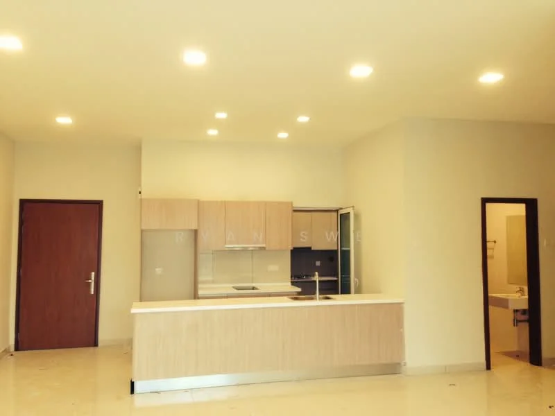 Kitchen features: light wood cabinetry, white countertop, built-in refrigerator, built-in oven, stainless-steel sink, chrome pull-down faucet, open layout, recessed LED downlights, cream painted walls, tile flooring; style: modern. Room features: door leading to another room, light switch.
