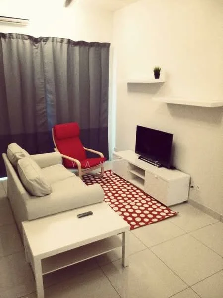 Living features: white sofa, red accent chair, white coffee table, white TV console, flat-screen TV, grey curtains, polka dot area rug, shelf on wall, decorative plant; style: modern.