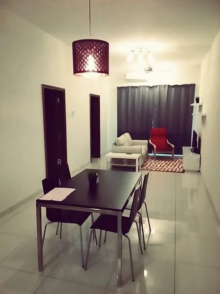 Living features: white painted walls, glossy tile flooring, 5-blade ceiling fan with light, pendant lamp, sofa in light color, red accent chair, coffee table, TV console, wall-mounted TV, area rug with geometric pattern, curtains in dark color, dining table with 4 black chairs; style: modern.