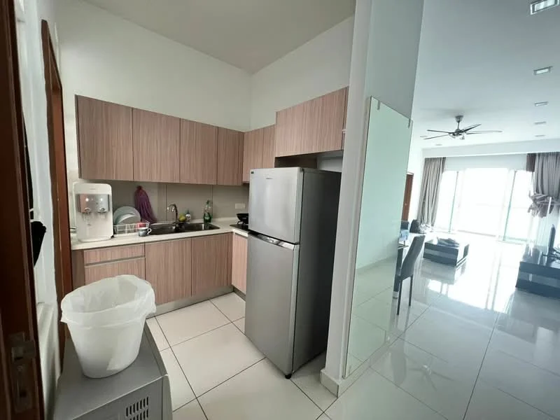 Kitchen features: laminate cabinetry in light wood finish, black countertop, stainless-steel fridge, single-bowl stainless-steel sink, chrome pull-down faucet, built-in stove, wall-mounted kitchen hood, ceramic tile flooring, recessed downlights, open layout to living area, window with sheer curtains; style: modern. Living features: sofa set, coffee table, TV console, dining table, floor-to-ceiling windows, curtains, ceiling fan; style: modern.