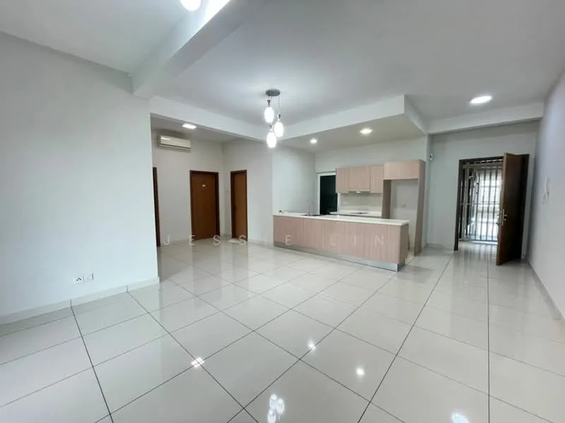 Living features: white painted walls, glossy white tile flooring, recessed downlights, pendant lighting, open kitchen layout, kitchen island with breakfast bar, floor-to-ceiling windows, sliding glass door, air conditioning unit, neutral color scheme, modern cabinetry, no visible furniture; style: modern.