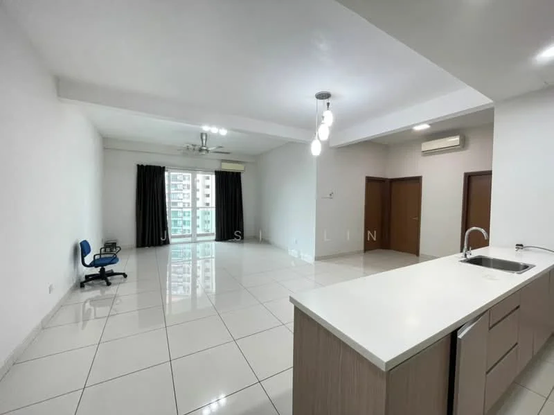 Living features: white painted walls, glossy ceramic tile flooring, tray ceiling, 5-blade ceiling fan with light, floor-to-ceiling windows, sliding glass door, blackout curtains, recessed LED downlights, kitchen island with countertop, stainless-steel sink, chrome pull-down faucet, built-in cabinetry, area rug, office chair; style: modern; view: city.