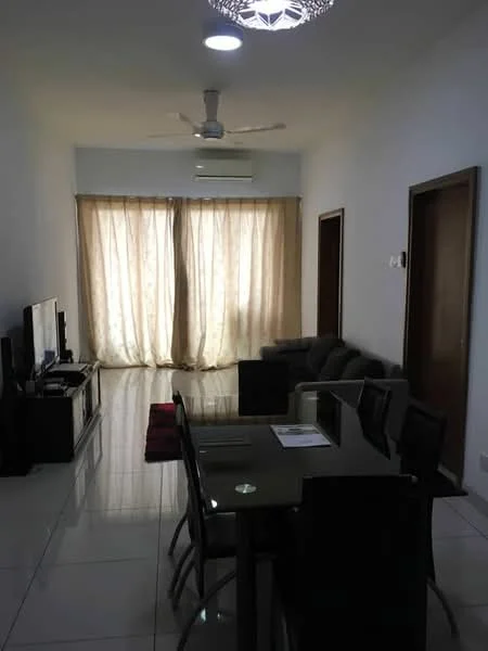 Living features: 3-seater fabric sofa in grey, dining table with glass top, 6 dining chairs, wall-mounted TV, TV console, recessed downlights, ceiling fan, floor-to-ceiling windows with sheer curtains, white painted walls, glossy tile flooring, air conditioning unit; style: modern.