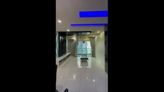Room features: glossy white tile flooring, recessed ceiling lights, blue LED accent lighting, large glass sliding door, floor-to-ceiling windows, sheer curtains, neutral wall color, open layout; style: modern; view: city.