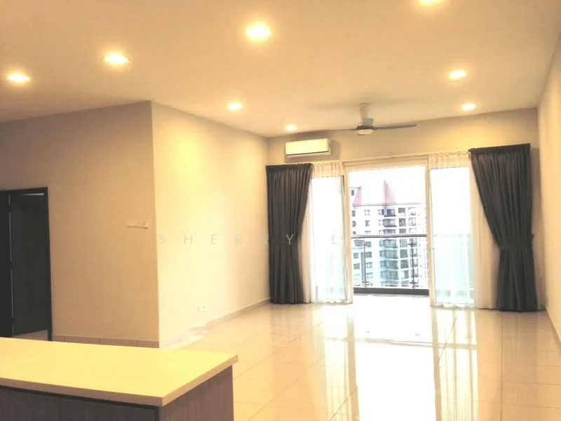 Living features: white painted walls, glossy tile flooring, 5-blade ceiling fan with light, sliding glass door, floor-to-ceiling windows, sheer curtains, blackout curtains, air conditioning unit, recessed downlights, open layout, balcony view; style: modern; view: city.
