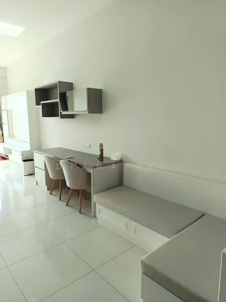 Dining features: white tiled flooring, light grey walls, built-in white cabinetry, wooden dining table, 4 upholstered dining chairs, corner bench seating, minimalist decor, natural light from windows; style: modern.