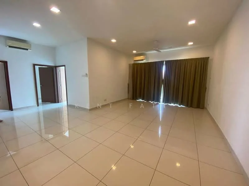 Living features: white painted walls, glossy ceramic tile flooring, recessed downlights, 5-blade ceiling fan, curtains in brown, floor-to-ceiling windows, air conditioning unit, double-door entry, open layout; style: modern.