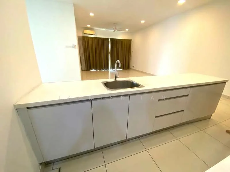 Kitchen features: white quartz countertop, single-bowl stainless-steel sink, chrome pull-down faucet, flat-panel cabinetry in light grey, tile flooring, recessed downlights, open layout, view of living area with curtains; style: modern.