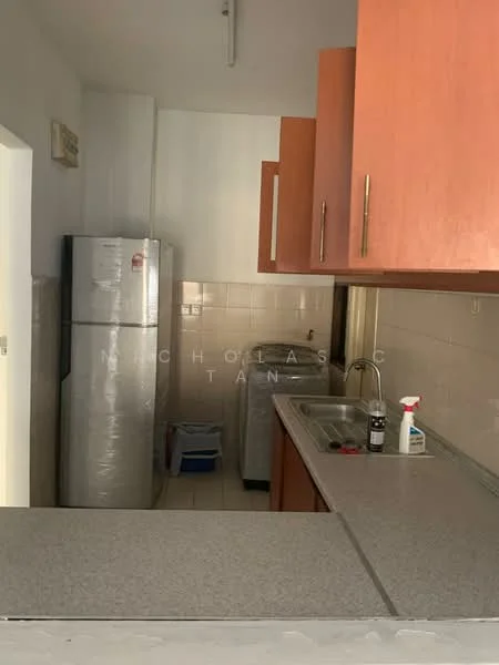 Kitchen features: stainless-steel fridge, double-bowl stainless-steel sink, chrome pull-down faucet, laminate countertop, wood cabinetry in orange finish, white tiled backsplash, ceramic tile flooring, built-in oven, wall-mounted cabinets, kitchen appliances on countertop; style: modern.