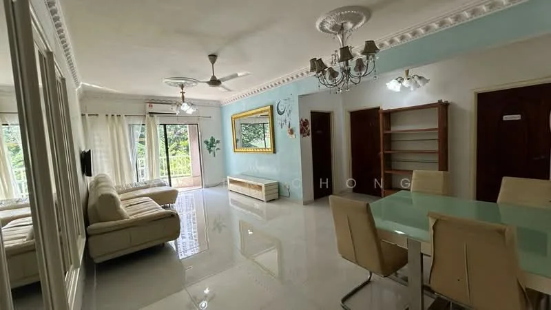 Living features: cream leather sofa, 3-seater sofa, coffee table, TV console, wall-mounted TV, dining table with 6 chairs, chandelier, ceiling fan, white painted walls, glossy tile flooring, large windows with sheer curtains, decorative mirror, built-in shelving unit; style: modern; view: garden.