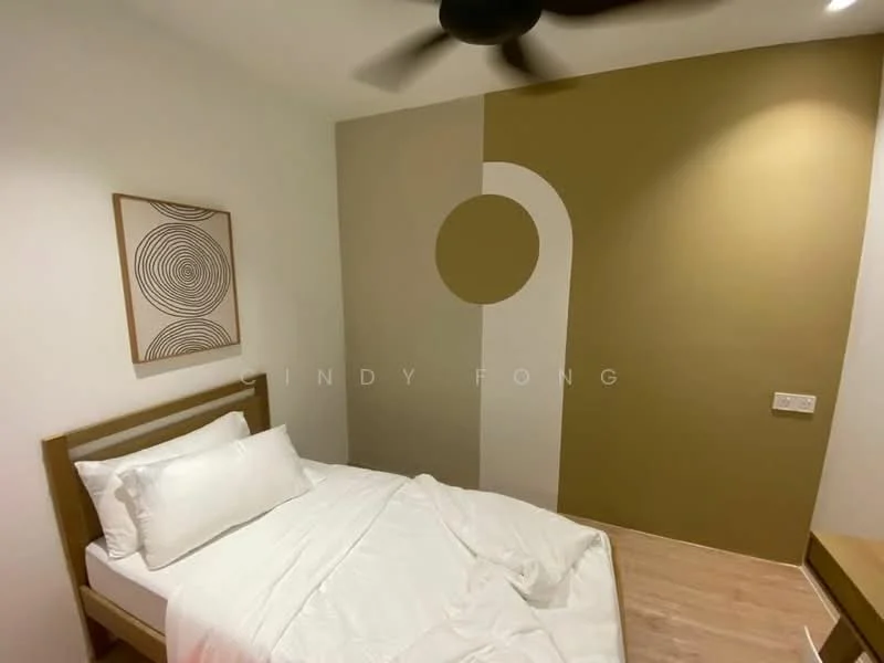 Bedroom features: queen-size bed with white bedding, wooden bed frame, accent wall with brown and cream colors, decorative wall art with circular pattern, light wood flooring, ceiling fan, nightstand, wall-mounted electrical outlets; style: modern.