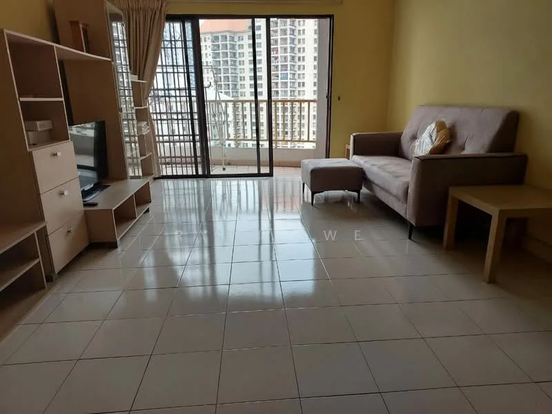 Living features: cream painted walls, glossy ceramic tile flooring, floor-to-ceiling sliding glass door, beige fabric sofa, wooden side table, TV console, wall-mounted TV, curtains, natural light from balcony; style: modern; view: city.