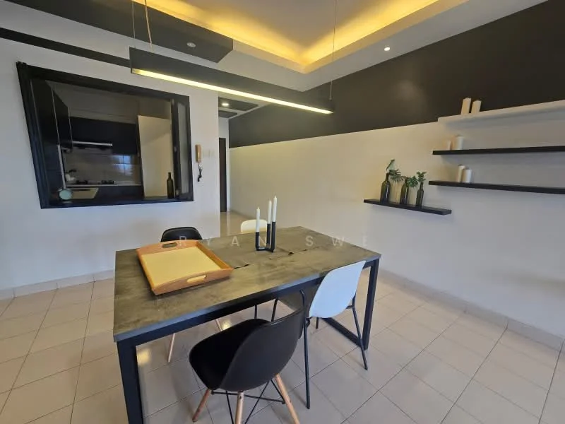 Dining features: rectangular dining table in dark grey, four dining chairs in black and white, suspended linear pendant light, wall-mounted shelves, decorative vases on shelves, white painted walls, dark accent wall, tile flooring, crown moulding, large mirror on wall; style: modern.