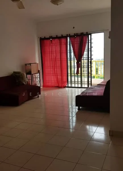 Living features: red curtains, floor-to-ceiling windows, two red fabric sofas, white tiled flooring, ceiling fan, balcony door, natural light, neutral wall color; view: city.