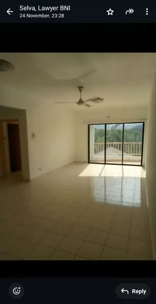 Living features: white painted walls, cream tiled flooring, 5-blade ceiling fan, floor-to-ceiling sliding glass door, balcony view, natural light from windows, recessed ceiling lights; style: modern; view: mountain.