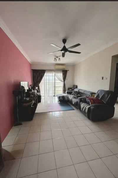 Living features: beige tiled flooring, red accent wall, cream painted walls, 5-blade ceiling fan with light, sofa in dark leather, recliner chair, coffee table, TV console, wall-mounted TV, curtains, sliding glass door, area rug; style: modern; view: city.