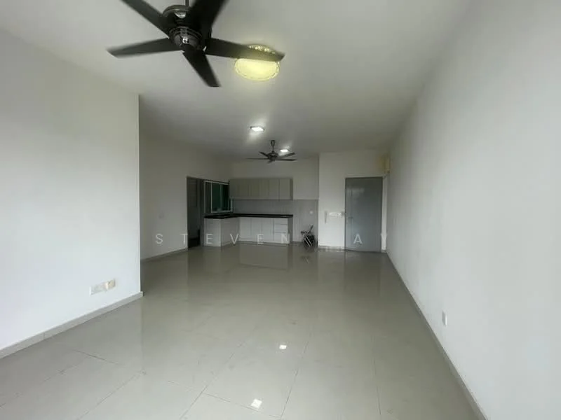 Living features: white painted walls, polished ceramic tile flooring, 2 ceiling fans, recessed downlights, open layout, large windows, kitchen area visible, neutral color scheme; style: modern.