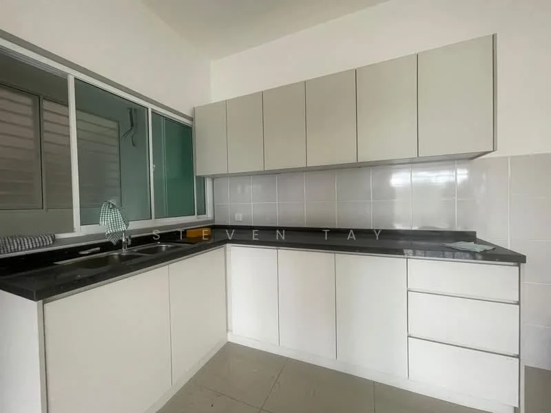 Kitchen features: white cabinetry, black granite countertop, double-bowl stainless-steel sink, chrome pull-down faucet, ceramic tile backsplash, white tiled walls, light grey floor tiles, large window for natural light; style: modern.