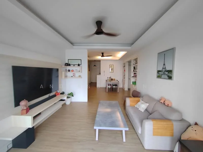 Living features: light grey fabric sofa, wooden armrests on sofa, marble coffee table, wall-mounted TV, light wood flooring, 5-blade ceiling fan, shelves with decorative items, framed artwork on wall, open layout to dining area, neutral wall color, recessed lighting, plant in decorative pot; style: modern.