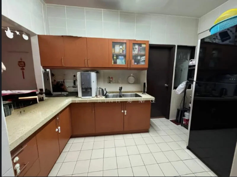 Kitchen features: brown wooden cabinetry, granite countertop, single-bowl stainless-steel sink, chrome pull-down faucet, built-in coffee machine, freestanding black fridge, ceramic tile flooring, wall-mounted cabinet, kitchen appliances visible, light-colored tiled backsplash, under-cabinet lighting; style: modern.
