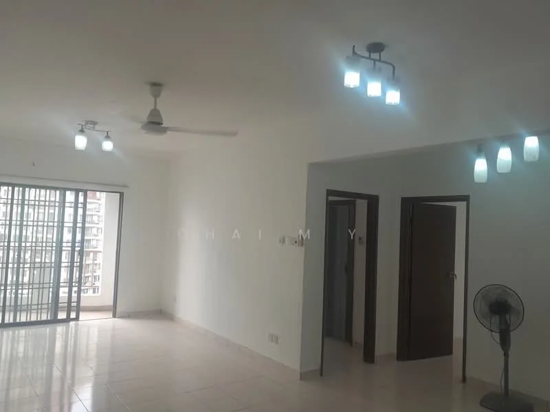 Living features: white painted walls, ceramic tile flooring, 5-blade ceiling fan, recessed LED downlights, pendant lights, sliding glass door, floor-to-ceiling windows, wall-mounted fan; style: modern; view: city. Room features: white painted walls, ceramic tile flooring, doorway to adjacent rooms.