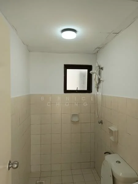 Bathroom features: white painted walls, cream tiled walls, shower with handheld showerhead, toilet, small window, ceiling light, tile flooring, wall-mounted soap holder, toilet paper holder.