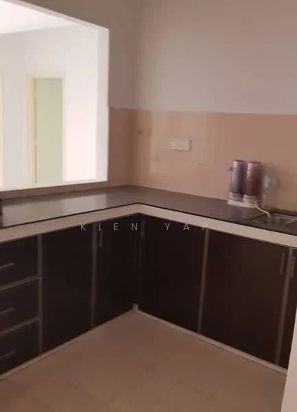 Kitchen features: L-shaped countertop, dark wood cabinetry, white tiled backsplash, stainless-steel sink, single-bowl sink, chrome faucet, built-in kitchen appliances, light-colored wall, tile flooring; style: modern.
