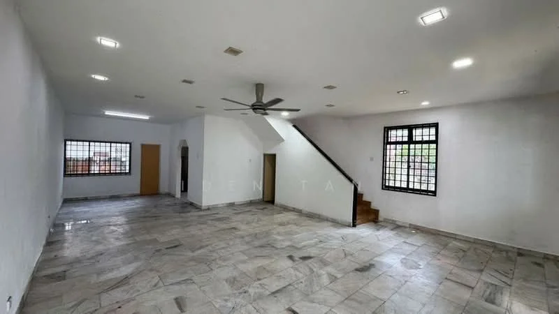 Living features: white painted walls, marble tile flooring, 5-blade ceiling fan with light, large windows with black grilles, staircase leading to upper level, recessed ceiling lights, open layout, natural light from windows; style: modern.