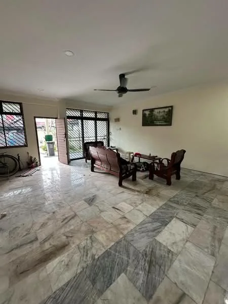 Living features: marble flooring, 5-blade ceiling fan, wooden sofa set, glass coffee table, large windows with security grills, wall-mounted artwork, natural light from windows, open layout, decorative wall, indoor plants; style: modern; view: garden.
