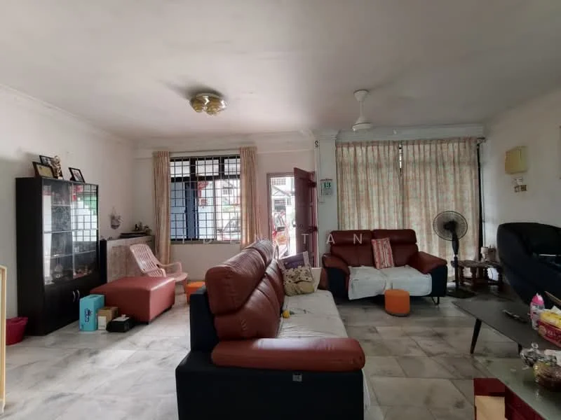 Living features: 3-seater leather sofa in brown, 2-seater fabric sofa in black, coffee table, TV console, wall-mounted fan, floor-to-ceiling windows with sheer curtains, light-colored walls, ceiling fan with light, marble tile flooring, decorative wall art, area rug, potted plants; style: modern.