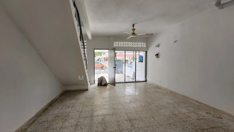 Room features: white painted walls, ceiling fan, large glass door, tile flooring, staircase, natural light from windows, open layout, corner space, exposed ceiling, minimal decor; style: minimalist; view: street.