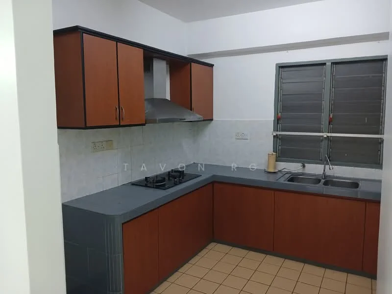 Kitchen features: brown wooden cabinetry, grey laminate countertop, double-bowl stainless-steel sink, chrome pull-down faucet, 4-burner gas hob, built-in stainless-steel range hood, white tiled backsplash, cream tiled flooring, window with metal grilles; style: modern.