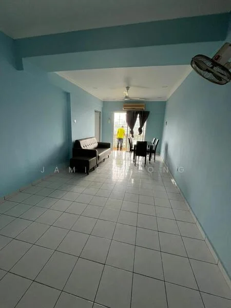 Living features: light blue painted walls, white tiled flooring, 5-blade ceiling fan, 3-seater fabric sofa in grey, 2-seater fabric sofa in grey, dining table for 4, sliding glass door, curtains, natural light from window; style: modern.