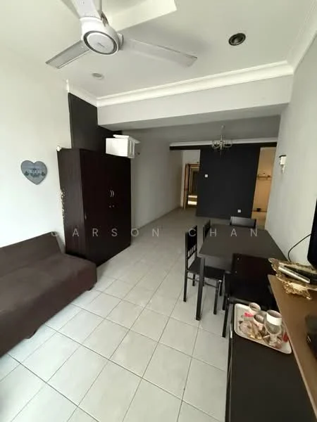 Living features: light grey painted walls, white ceiling with crown moulding, ceramic tile flooring, 3-blade ceiling fan, wall-mounted air conditioning unit, sofa in brown fabric, dining table with black chairs, TV console, wall-mounted TV, decorative wall art, window with no visible treatment; style: modern.