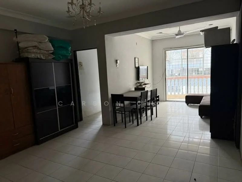 Living features: white painted walls, white tiled flooring, chandelier, large sliding glass door, curtains, dark brown sofa, black dining table with six chairs, black TV console, built-in wardrobe, stacked storage bags, wall-mounted TV, decorative wall panel; style: modern.
